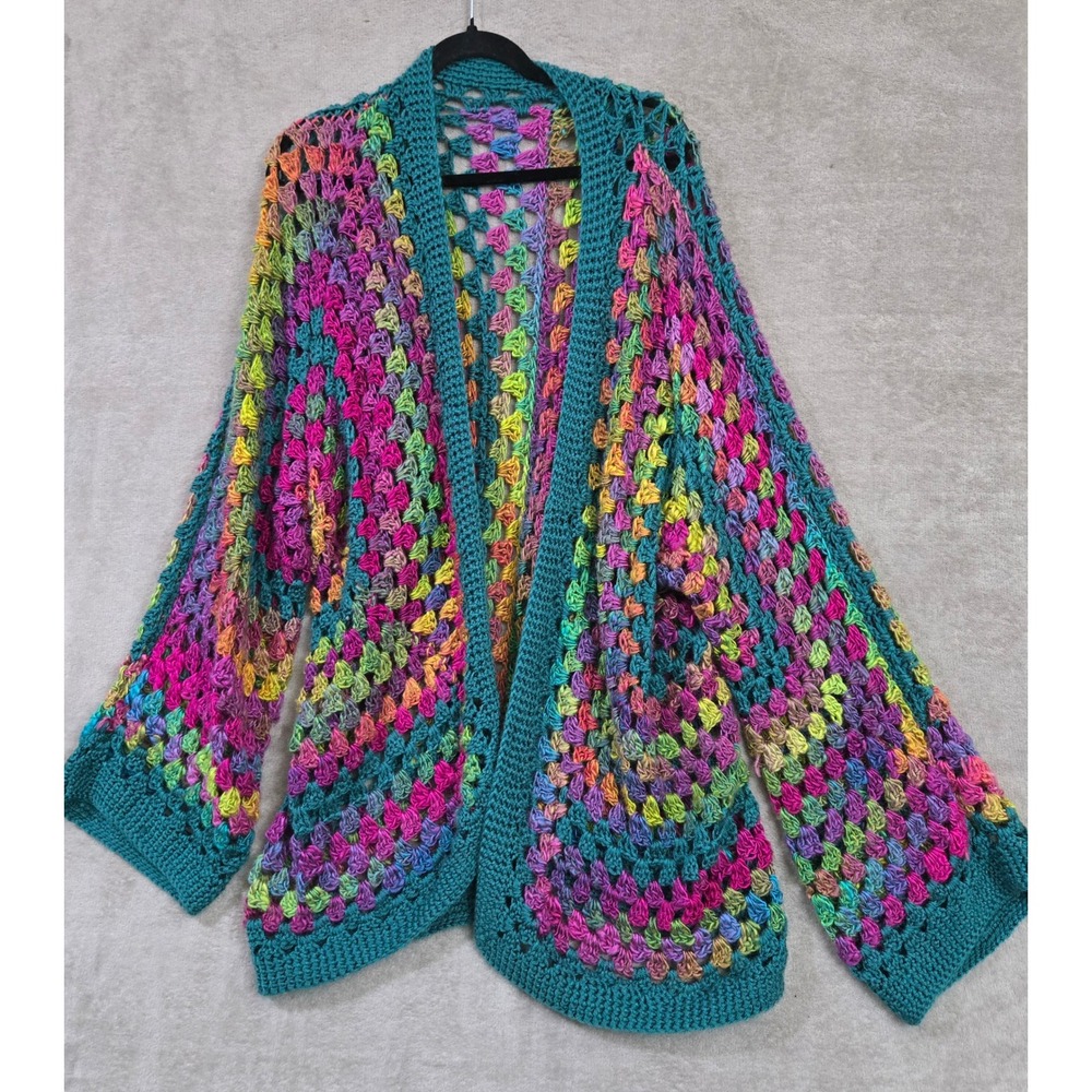 Hand Knit Crochet Granny Square Cardigan Boho Festival Hippie Retro Artsy 70s